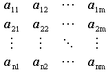 matrix{ a_11 # a_12 # dotsaxis #a_{1m}  ##  a_21 # a_22 # dotsaxis # a_{2m} ##  dotsvert #dotsvert #dotsdown #dotsvert ##  a_{n1} # a_{n2} # dotsaxis #a_{nm}  }